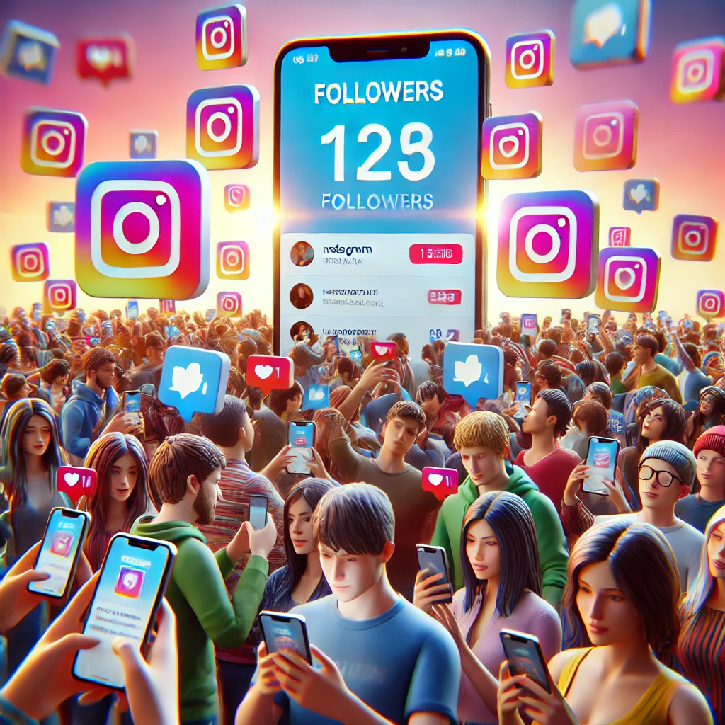 Dall·e 2024 10 04 15.13.25 A Realistic, High Quality Image Of A Group Of Instagram Followers Engaging With The Platform. The Scene Shows A Diverse Group Of People In A Vibrant E